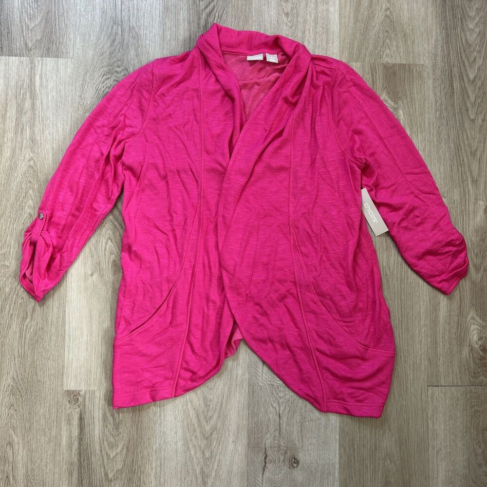 Chico's Zenergy Womens Size 2 (12-14) Cardigan Drape Front Summer Berry NWT